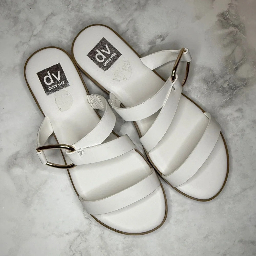 DV by Dolce Vita | Slide Sandals with Gold Ring Detail | White | Size 8 - Picture 2 of 9